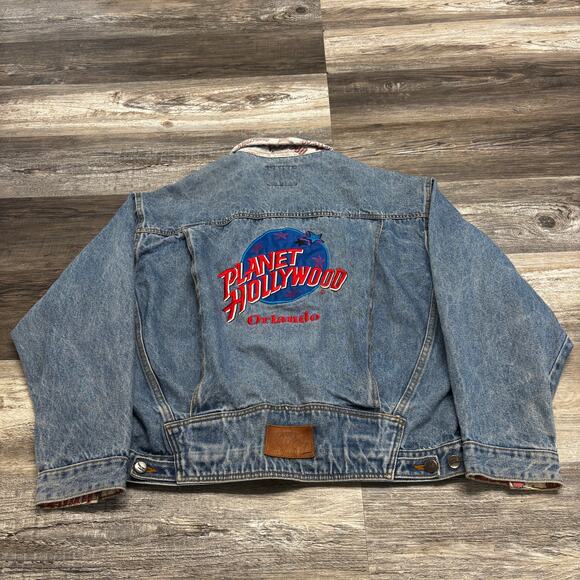 Vintage 90s Planet Hollywood Orlando Blue Mens L Denim Jean Trucker Jacket - Picture 1 of 8